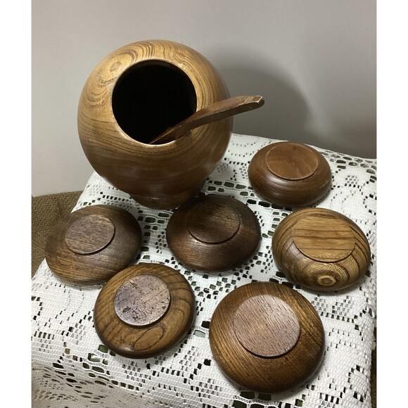 Vintage Mid Century Modern Atomic Wood Orb Sphere Serving Bowl 6 Bowls & Spoon - Picture 6 of 11